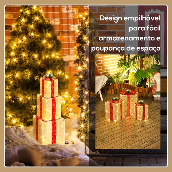 Conjunto de 3 Caixas de Presente de Natal com 58 LEDs Branco Quente Enfeites Luminosos para a Árvore de Natal Dourado
