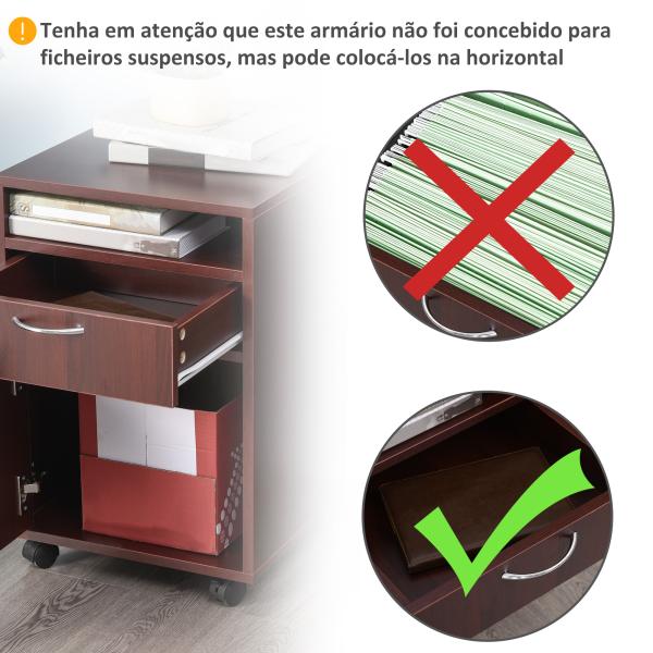 Bloco de Gavetas com Rodas Gaveta Compartimento Porta Arquivador Móvel para Escritório 40x35x60 cm Castanho Escuro