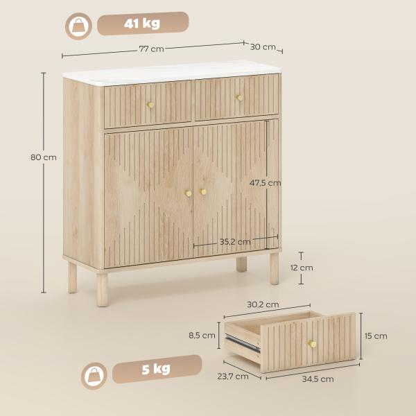 Aparador com 2 Portas e 2 Gavetas, Aparador Moderno para Sala com Prateleira Ajustável e Tampo Efeito Mármore, 77x30x80 cm, Carvalho