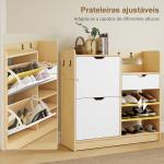 Sapateira Estreita com Prateleiras Ajustáveis Gaveta e 4 Ganchos para 14 Pares de Sapatos 93x30x90 cm Madeira e Branco