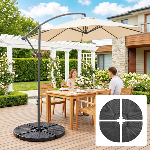Base para Chapéu de Sol de 4 Peças Recarregável com Areia 68 kg ou Água 52 kg para Jardim Pátio ou Terraço Preto