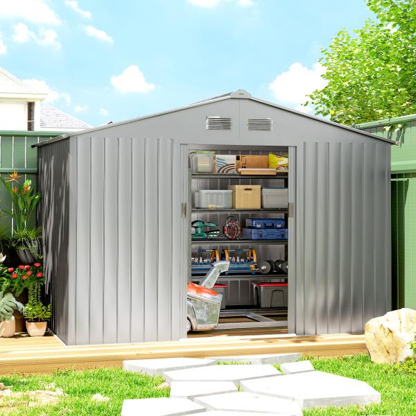 Abrigo de Jardim Exterior 4,9 m² 277x195x192cm Abrigo e Jardim Metálico para Armazenamento de Ferramentas Cinzento