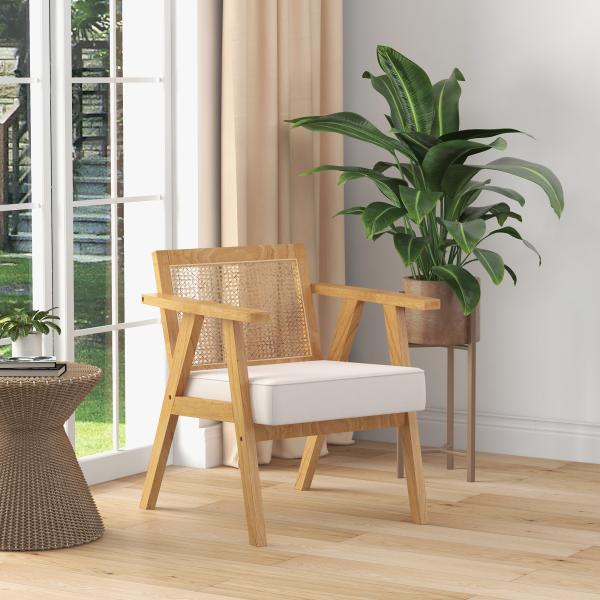 Cadeira de Sala de Estar com Encosto em Vime e Estrutura de Madeira de Borracha 63x69x78 cm Madeira e Bege