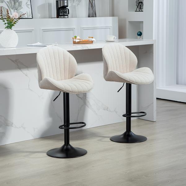 Conjunto de 2 Bancos de Bar Giratórios com Altura Ajustável 62 - 83 cm, Revestidos em Chenille, com Encosto e Apoio para os Pés, Bege