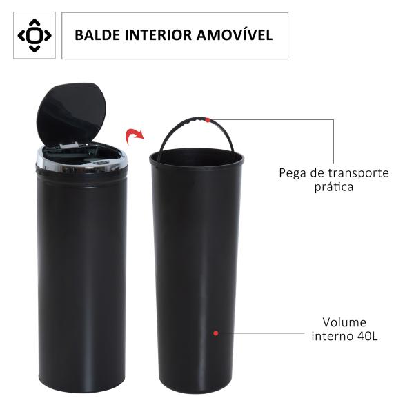 Balde do Lixo Automático 50L com Tampa de Fecho Suave e Silencioso Corpo em Aço Inoxidável Preto