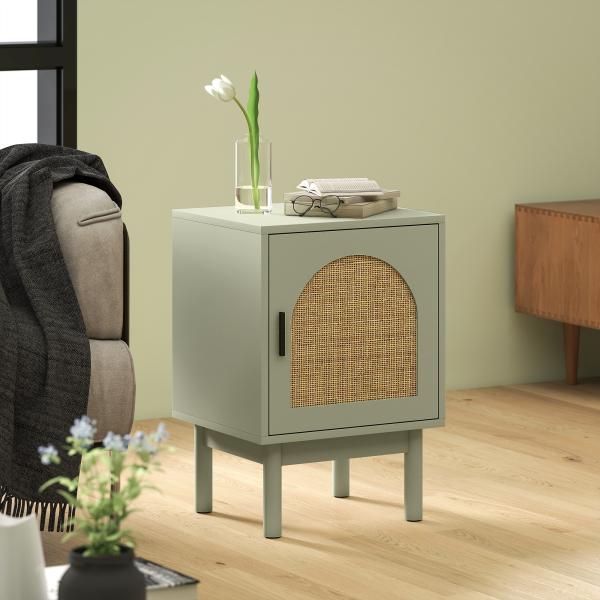 Mesa de Cabeceira com Porta de Vime Prateleira Ajustável e Pés de Madeira Estilo Boémio Mesa Auxiliar 40x35x58 cm Verde