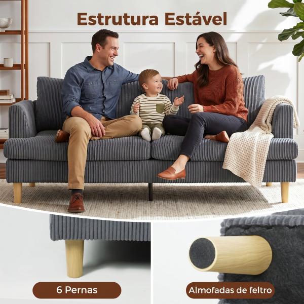 Sofá de 3 Lugares Revestido em Veludo Almofadas Espessas com Molas Assento Largo 2 Almofadas 188x80x86 cm Cinzento Escuro