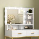 Toucador de Maquilhagem com Luz e Banco Mesa de Maquilhagem com 2 Gavetas e Prateleiras Estilo Moderno para Quarto Branco