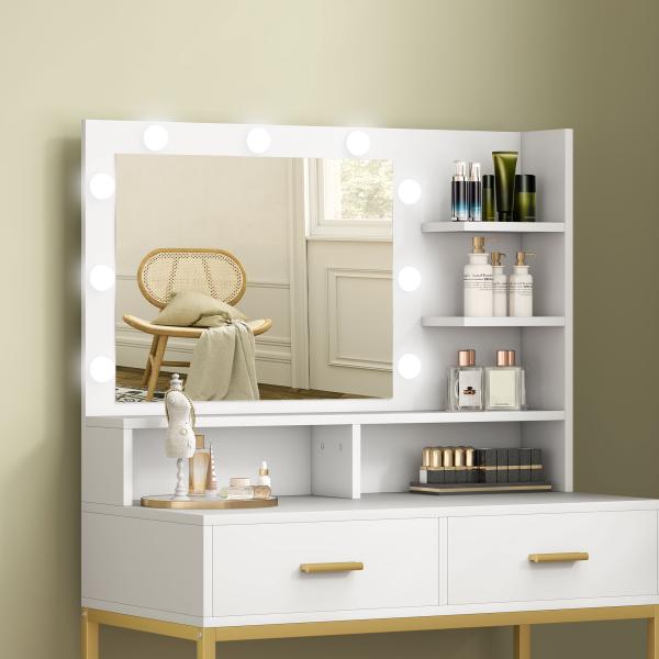 Toucador de Maquilhagem com Luz e Banco Mesa de Maquilhagem com 2 Gavetas e Prateleiras Estilo Moderno para Quarto Branco