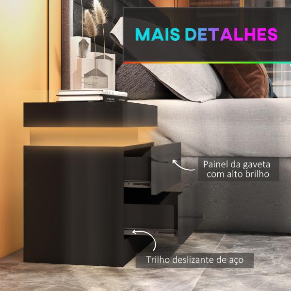 Mesa de Cabeceira com Luz LED Painel de Alto Brilho 2 Gavetas e Controlo Remoto para Dormitório 45x35x52 cm Preto