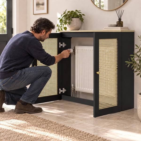 Cobertura para Radiador com 2 Portas em Rotim para Sala de Estar e Quarto 78x19x75 cm Preta