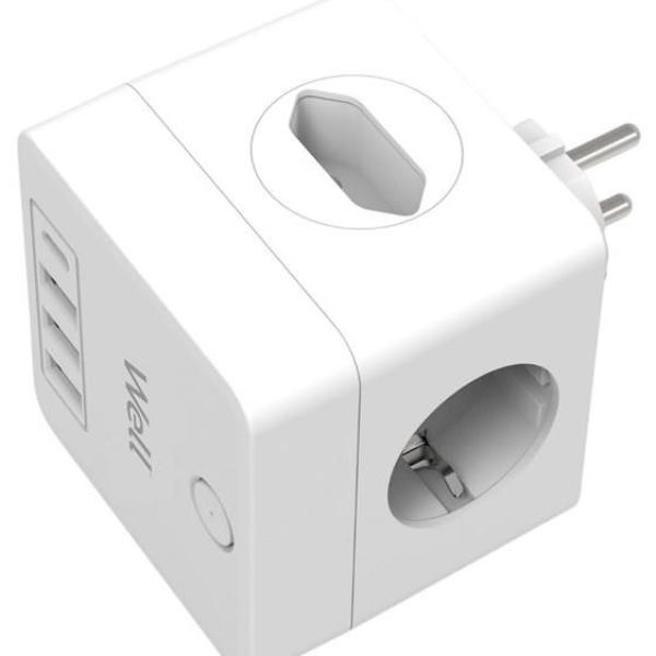 Tomada Dupla c/ 2x Euro, 3x USB - A e 1x USB - C PD 20W - WELL