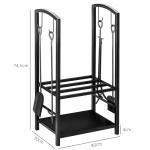 Suporte para Lenha de 2 Níveis Porta Lenha Exterior e Interior Metálico com 4 Ferramentas para Lareira Carga Máx. 100kg 40x30x74,5cm Preto
