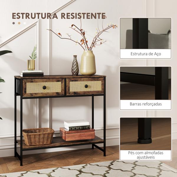 Mesa Consola Móvel de Entrada com Prateleira Aberta 2 Gavetas Frente em Vime Consola de Entrada 80x30x75 cm Marrom Rústico