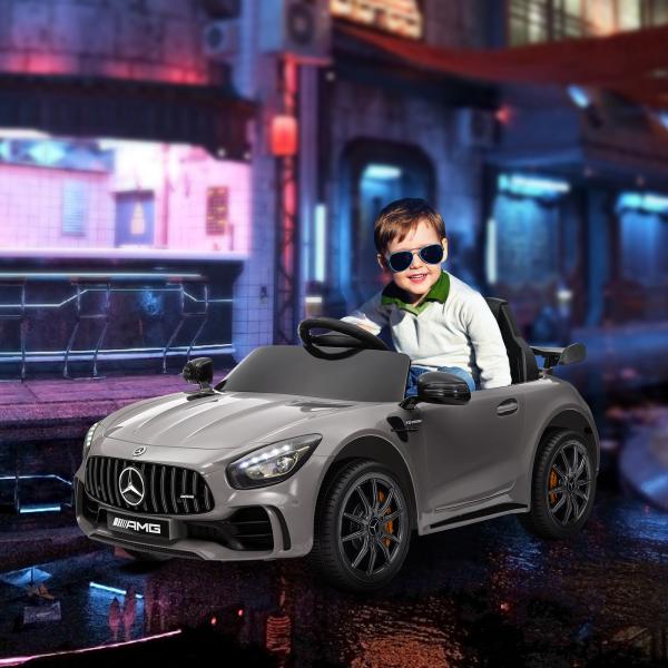 Carro Elétrico para Crianças Carro Mercedes - Benz AMG GTR com Bateria 12V Faróis Buzina e Música 108x67x46 cm Prata