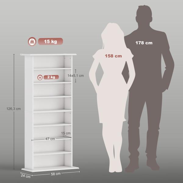 Estante Estreita para CDs e DVDs com 8 Compartimentos Prateleiras Ajustáveis 58x24x126,3 cm Branco