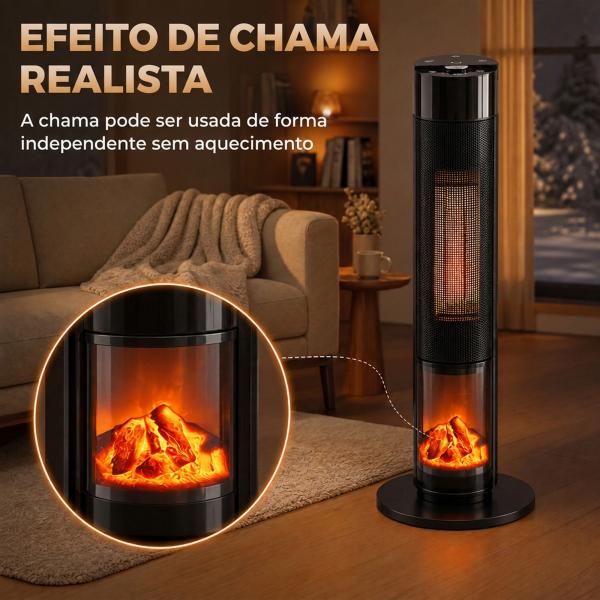 Aquecedor Elétrico Cerâmico PTC 2000W com 5 Modos, App Wi‑Fi, Chama 3D, Comando e Proteção contra Sobreaquecimento - Preto