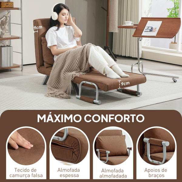 Sofá Cama Individual Sofá Cama Individual Sofá Reclinável com Almofada para Sala Quarto Carga 100 kg 65x69x80 cm Marrom