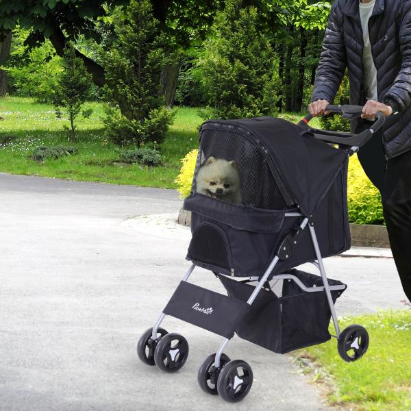 Carrinho para Animais de Estimação Dobrável para Cães com Capô Ajustável Cesta de Armazenamento e Rodas com Freio Tecido Oxford Estrutura de Aço 74x46x94cm Preto