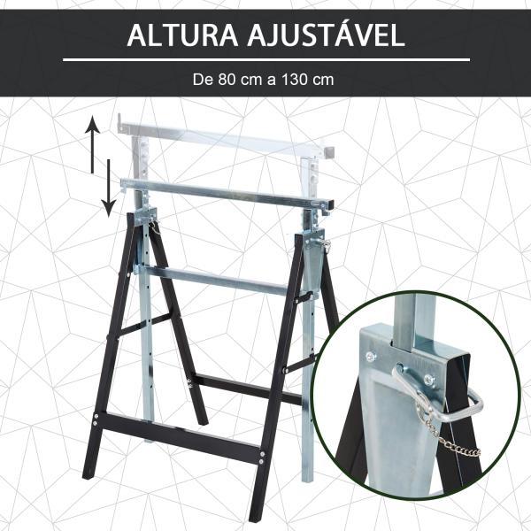Conjunto de 2 Cavaletes Telescópicos Dobráveis com Altura Ajustável Cavaletes de Serra de Aço para Mesa de Trabalho Carga 200kg 68x58x80 - 130cm Preto