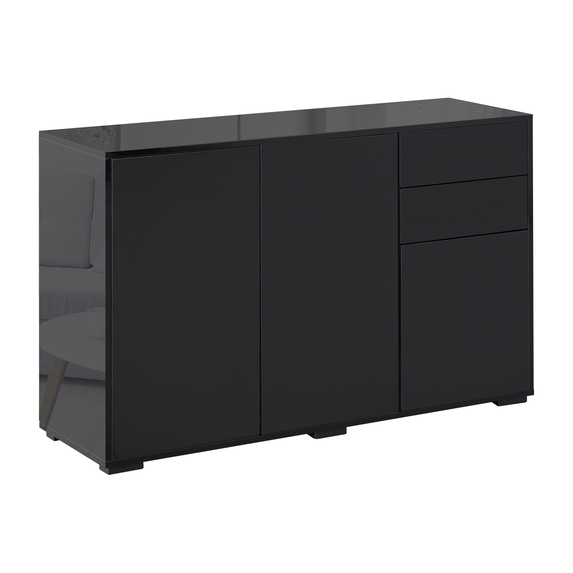 Aparador de Sala de Estar com 3 Portas 2 Gavetas e Prateleira Interior Ajustável Móvel Auxiliar de Armazenamento para Cozinha Dormitório Anti - Rolamento 117x36x74 cm Preto