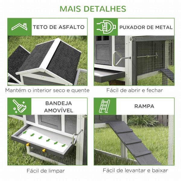 Galinheiro de Madeira 297,5x68x118cm para 3 - 6 Galinhas com Teto Asfáltico Porta com Trava e Caixa Ninho Branco e Cinza