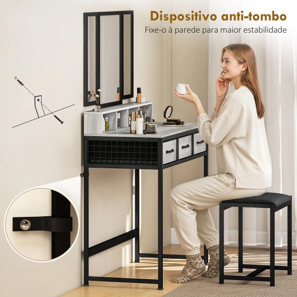 Toucador de Maquilhagem com Espelho Tríptico Removível, Banco Prateleiras e Suporte para Secador 90x40x141 cm Cinzento
