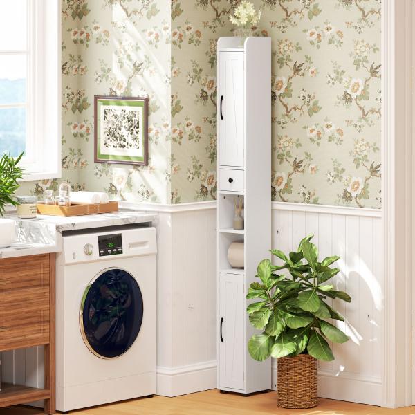 Coluna Casa de Banho com Compartimento Aberto Prateleiras Ajustáveis e Suporte para Papel Higiênico 20x20x185 cm Branco