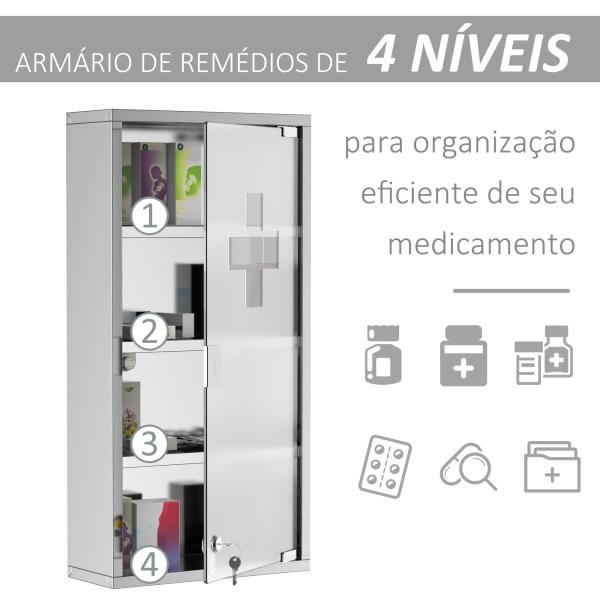 Kit de primeiros socorros em aço inoxidável para medicamentos 60x30x12cm prata