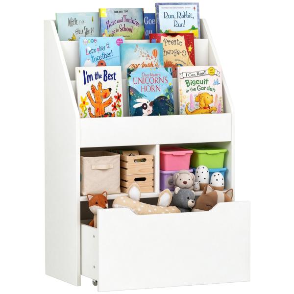 Estante de Madeira para Brinquedos com 3 Compartimentos 2 Cubos e Gaveta Móvel com 4 Rodas Estante para Livros Infantil para Dormitório Infantil Sala de Jogos 60x29,9x90cm Branco