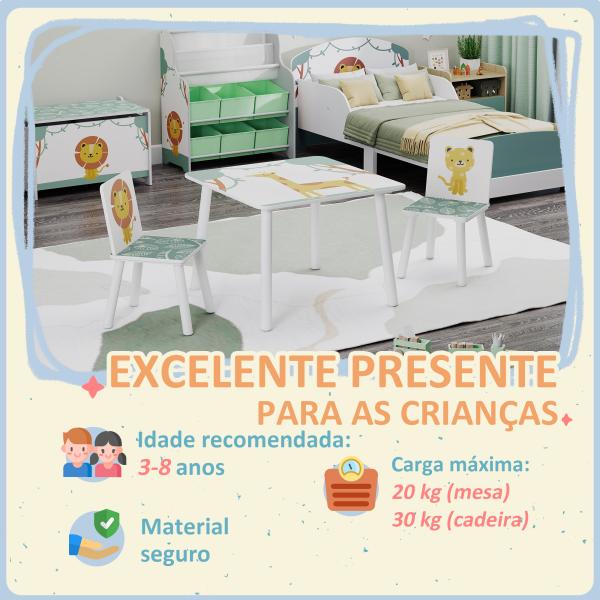 Mesa e Cadeiras para Crianças de 3 Peças Mesa Infantil com 2 Cadeiras em Madeira com Desenhos de Leões Verde