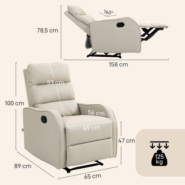 Poltrona Relax Reclinável Manual Revestida em PU com Apoio de Pés Retrátil Poltrona Reclinável até 160º 65x89x100 cm Creme