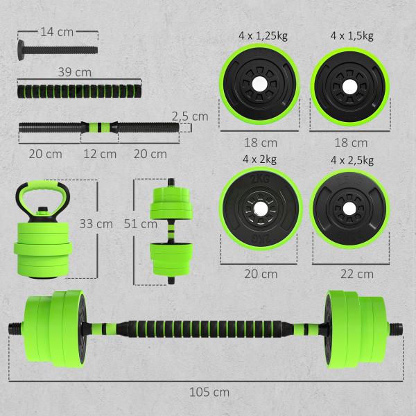 Conjunto de Halteres 30 kg 4 em 1 Conjunto de Pesos com Kettlebell Barra de Pesos para Treino de Força em Casa Ginásio Verde