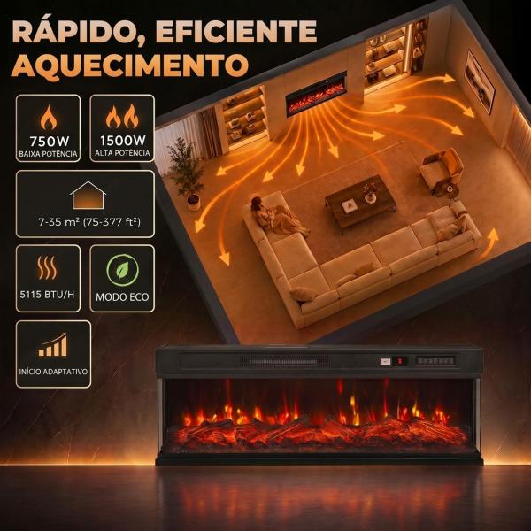 Lareira Elétrica de Encastrar ou Independente 750/1500W, 3 Lados, 12 Cores de Chama 3D, Termóstato, Telecomando, Preta