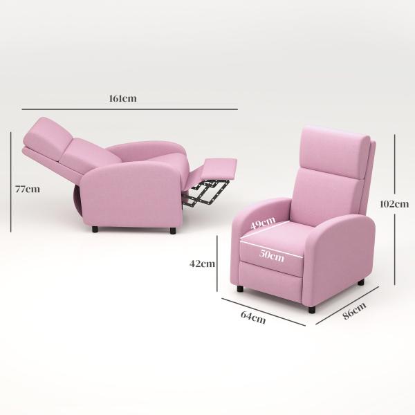 Poltrona Relax Reclinável até 160° Poltrona Reclinável Manual com Apoio para os Pés 64x86x102 cm Rosa