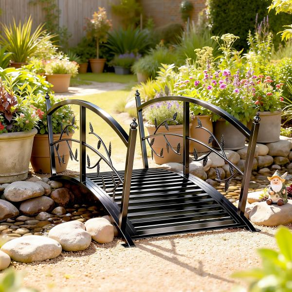 Ponte de Jardim Metálica 1,2 m Ponte Decorativa para Lagos com Corrimãos de Segurança e Design de Folhas Preto