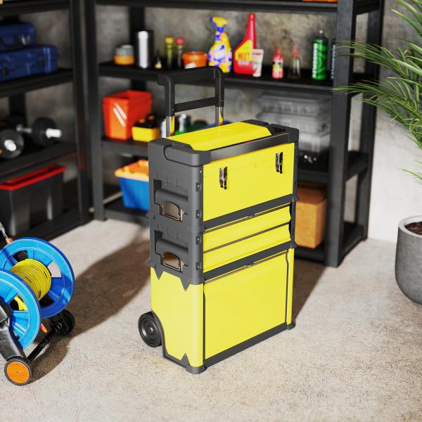 Caixa de Ferramentas Empilhável 3 em 1 Caixa de Ferramentas com Rodas Carro de Ferramentas de Aço 52x32x72 cm Amarelo e Preto