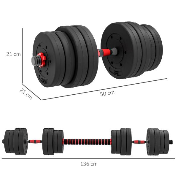 Conjunto de Halteres de 30 kg 2 em 1 com Barras de Conexão e Barra de Extensão Treinamento de Força e Levantamento de Pesos Preto