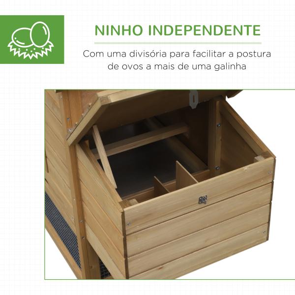 Galinheiro de Madeira de Abeto para Exterior Gaiola para 2 - 3 Galinhas com Cercado de Arame Teto Abatível Caixa Ninho Bandeja Removível e Rampa 150,5x54x87 cm Natural