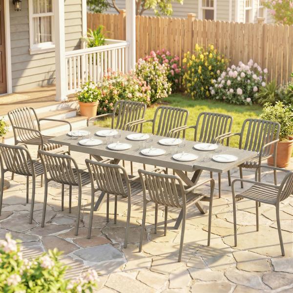 Mesa de Jardim Extensível com Superfície em Alumínio 154/214x85 cm com Efeito Madeira para 8 - 10 Pessoas Cinza Claro