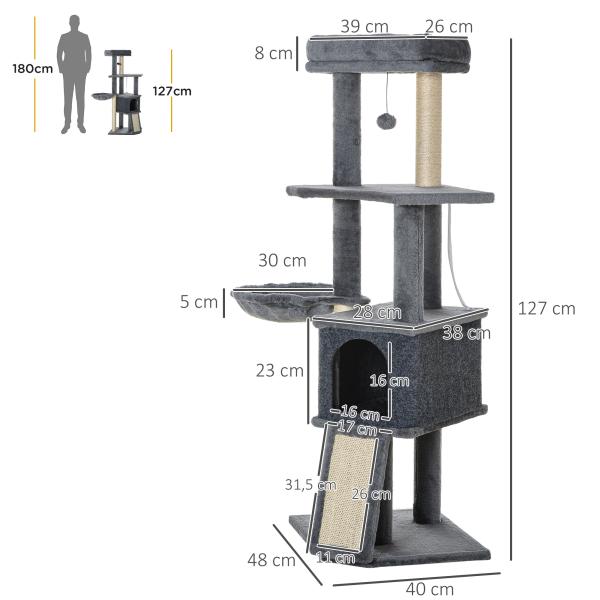 Arranhador para Gatos 127 cm com Caverna Rede Cama Plataformas Rampa de Sisal Bola Pendurada Cinza