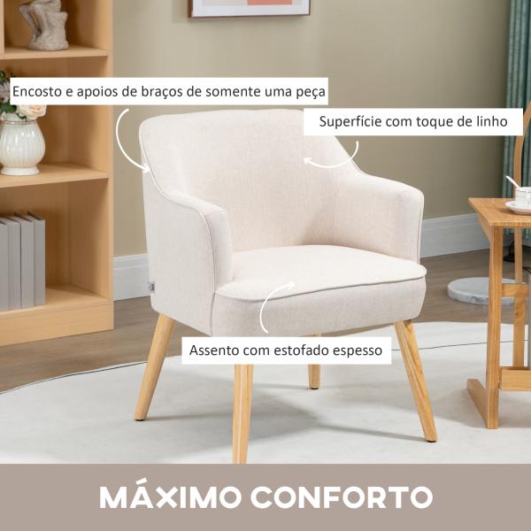 Poltrona Estilo Nórdico Estofada em Linho com Pés de Madeira para Dormitório Escritório Estúdio 64,5x65x79,5 cm Creme