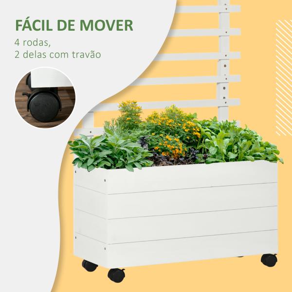 Floreira com Treliça de Madeira Maciça com 4 Rodas e Malha Geotêxtil para Cultivos de Plantas Flores 76x30x155 cm Branco