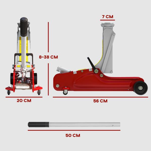 Macaco Hidráulico para Carro 2,5T Altura de Elevação 80 - 380 mm com Perfil Baixo e Rodas para Automóvel SUV Vermelho