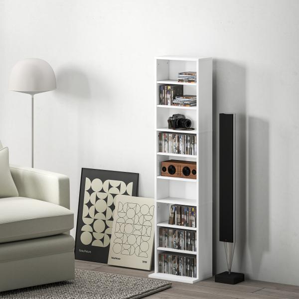 Estante para CDs e DVDs Suportes para CD Estreitos com 9 Compartimentos Prateleiras Ajustáveis 33x24x140 cm Branco