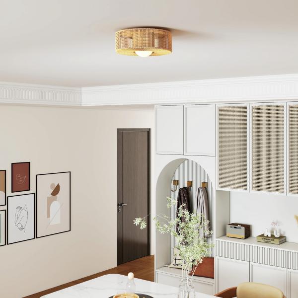 Candeeiro de Teto com Lâmpada LED G9 20W 3000 K Candeeiro de Teto Boémio com Ecrã de Corda de Linho Ø30x16 cm Castanho Claro