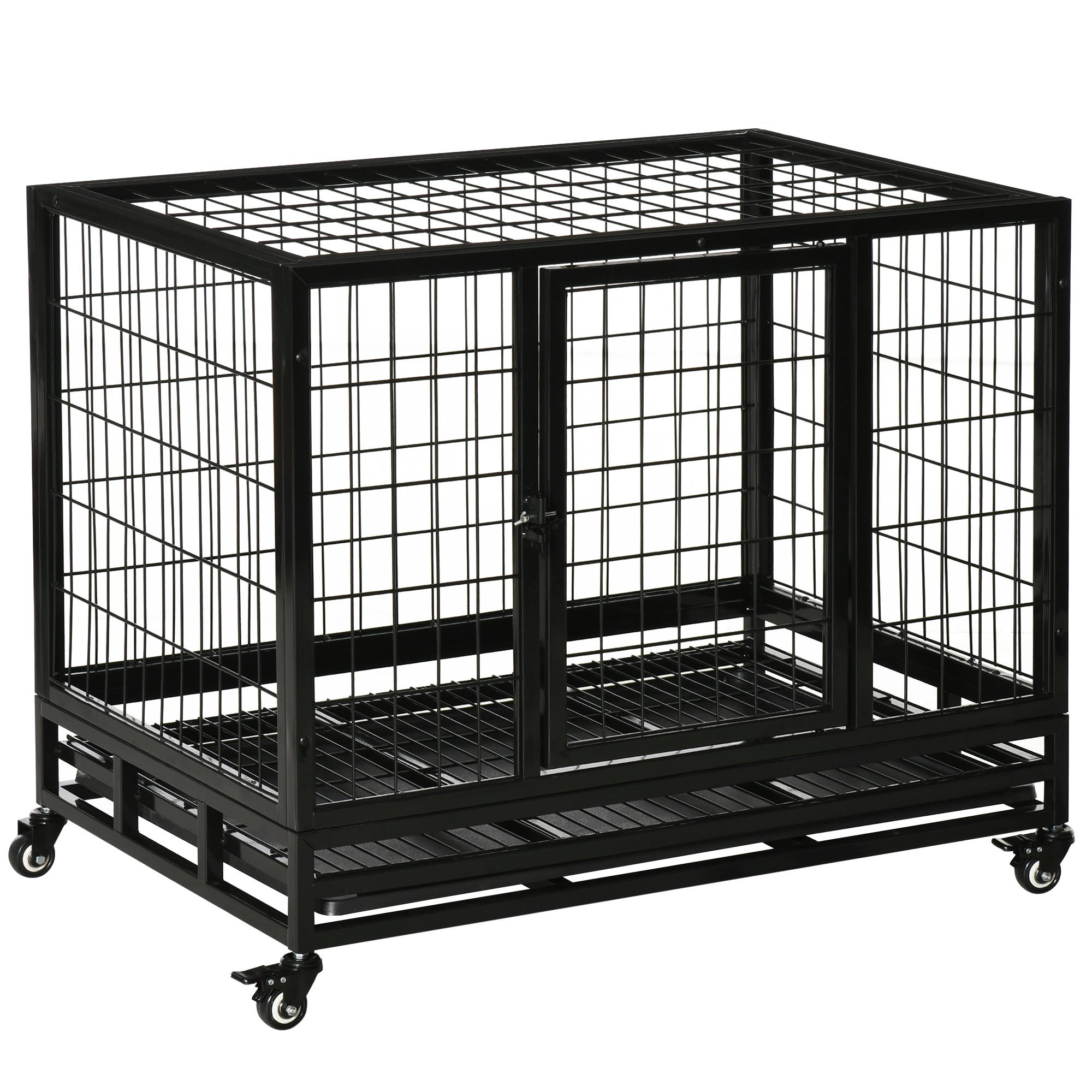 Gaiola de Metal para Cães com Rodas e Freios Bandeja Removível e Porta com Trava para Golden Retriver Labrador 92x62x75cm Preto