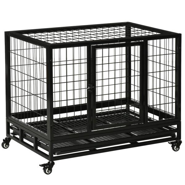 Gaiola de Metal para Cães com Rodas e Freios Bandeja Removível e Porta com Trava para Golden Retriver Labrador 92x62x75cm Preto