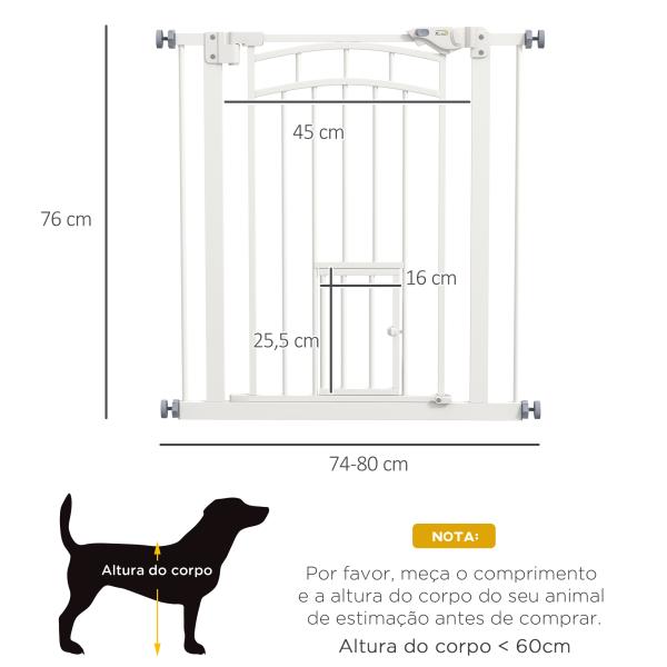Barreira de Segurança para Cães 74 - 80 cm Porta de Segurança para Animais com Montagem a Pressão e Duplo Bloqueio Branco