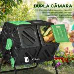 Compostor Giratório de 130L Recipiente de Compostagem de Jardim de Dupla Câmara com Aberturas de Ventilação 67x60x77 cm Preto e Verde